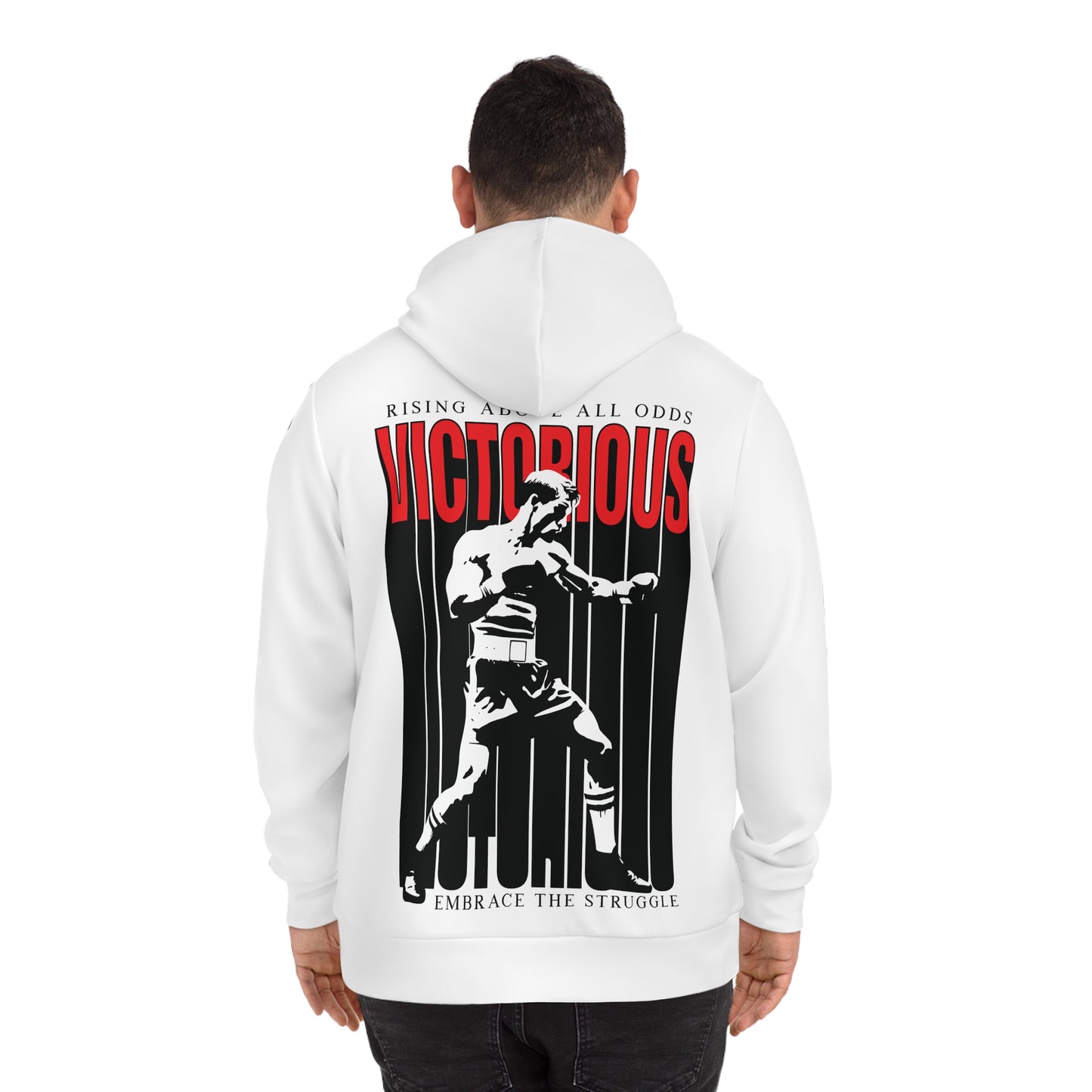 Back view of a man wearing the Victorious hoodie, highlighting a bold motivational design of a boxer rising against the odds with 'Victorious' text.