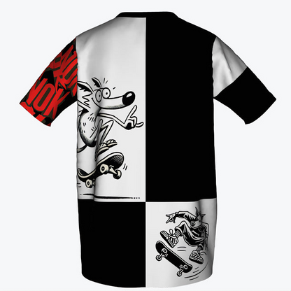 Back view of a graphic t-shirt showcasing a cartoon wolf character skateboarding, with a black and white color scheme and red text print on the sleeve.