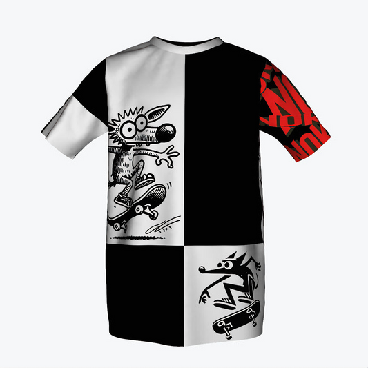 Graphic t-shirt featuring a cartoon wolf performing skateboarding tricks in a bold black and white design with a red accent on the sleeve.