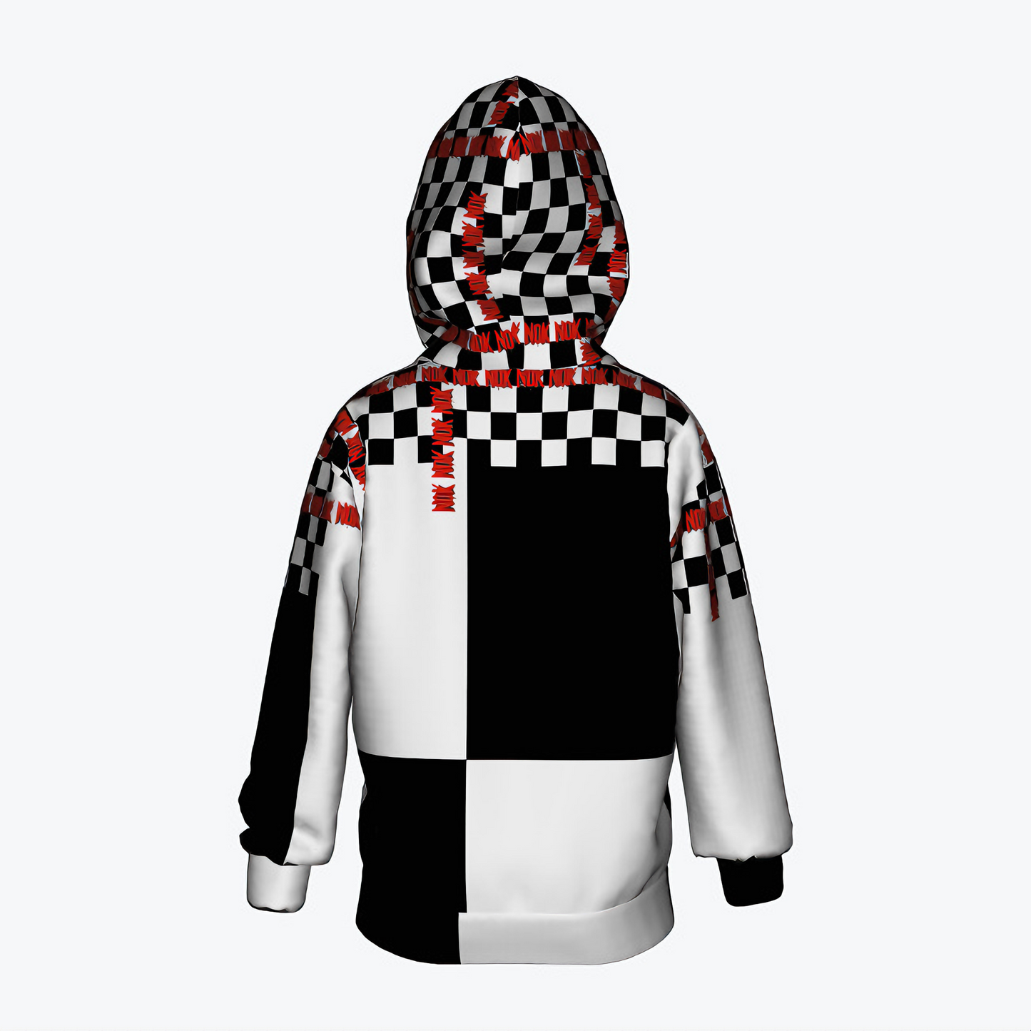 Kids' hoodie with black and white checkerboard pattern, featuring red NOK graphics on the sleeves and hood. Front view showing the unique patchwork design, and back view highlighting the bold contrast and graphic details.