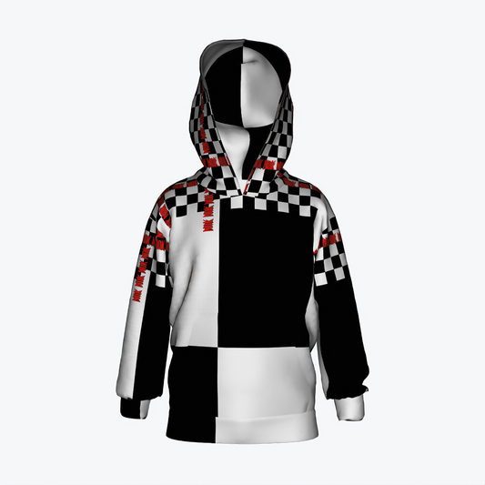 Kids' hoodie with black and white checkerboard pattern, featuring red NOK graphics on the sleeves and hood. Front view showing the unique patchwork design, and back view highlighting the bold contrast and graphic details.