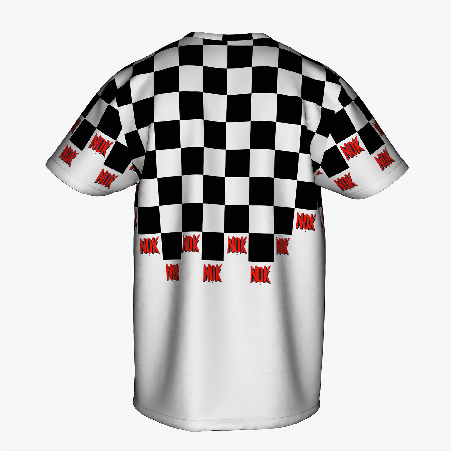 NOK checkerboard print t-shirt for adults, featuring black and white squares with red NOK branding, front and back view.