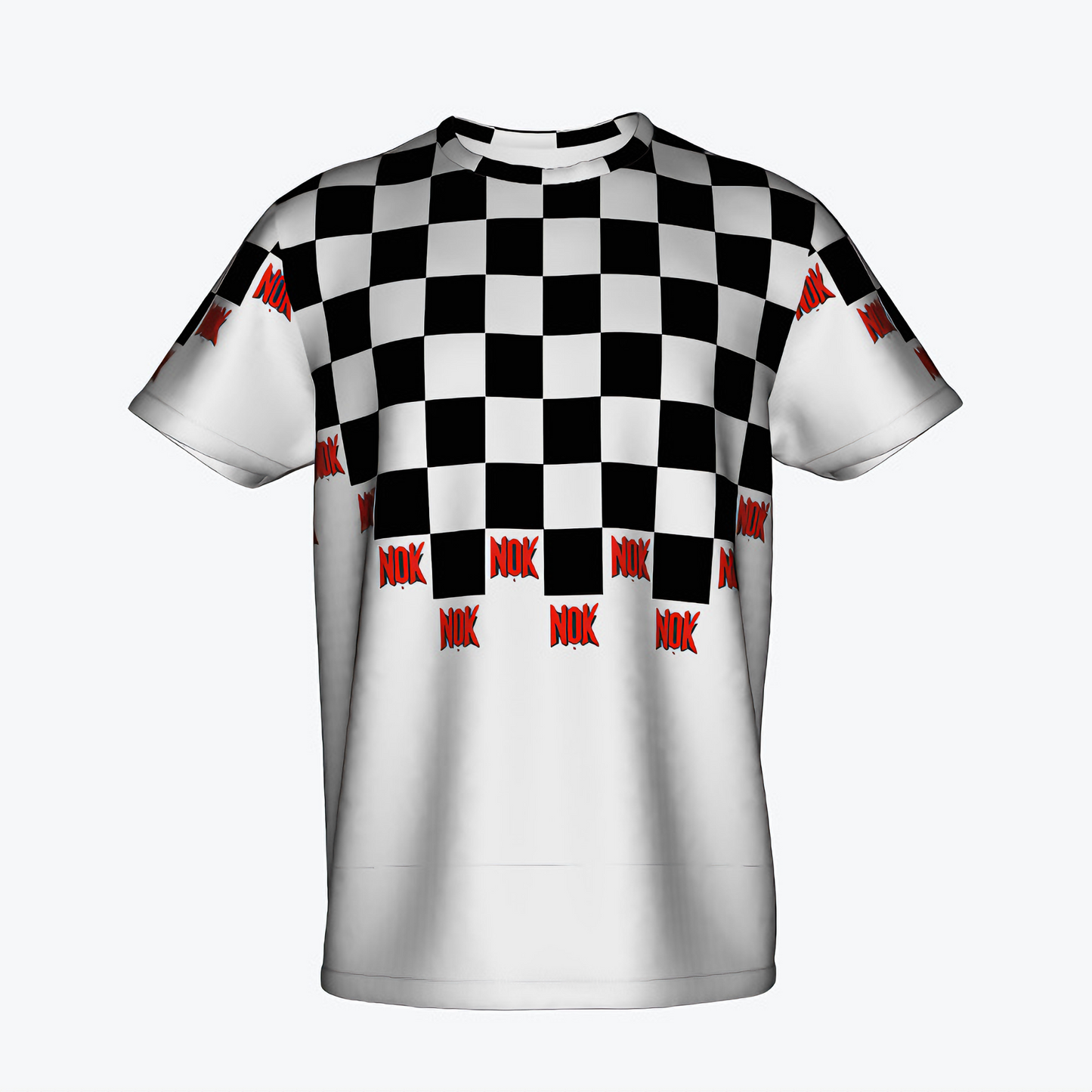 NOK checkerboard print t-shirt for adults, featuring black and white squares with red NOK branding, front and back view.