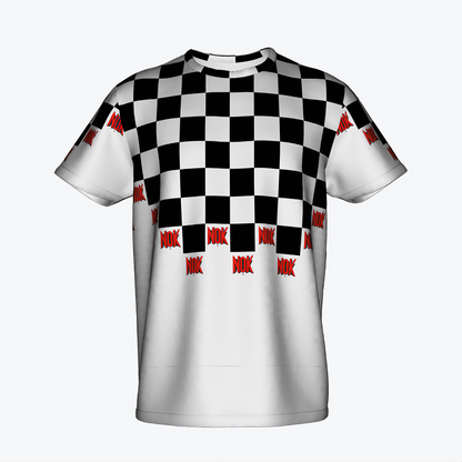 NOK checkerboard print t-shirt for adults, featuring black and white squares with red NOK branding, front and back view.