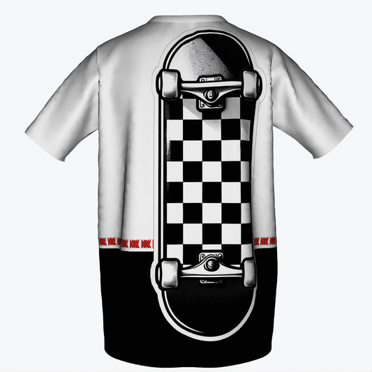 Kids t-shirt featuring a bold black and white checkered skateboard graphic on the back with NOK branding on the hem, designed by NOK Style for a trendy and edgy look.