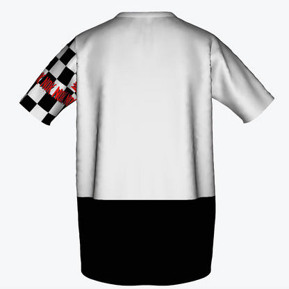 Cool Crocodile Kids T-Shirt by NOK STYLE, featuring a bold black and white split design with a streetwear crocodile graphic on the back, and a checkered sleeve with red NOK branding.