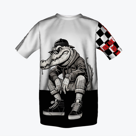 Cool Crocodile Kids T-Shirt by NOK STYLE, featuring a bold black and white split design with a streetwear crocodile graphic on the back, and a checkered sleeve with red NOK branding.