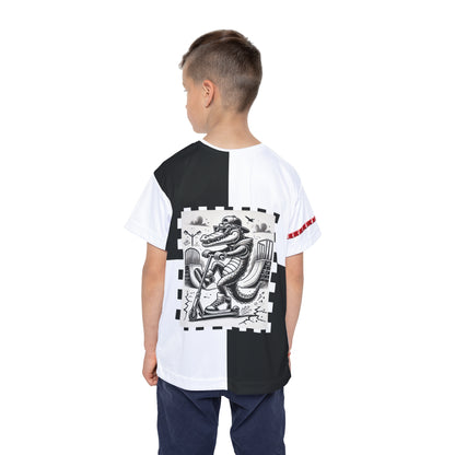 Gator Grind Kids T-Shirt by NOK Style featuring a crocodile on a scooter with urban skatepark design.