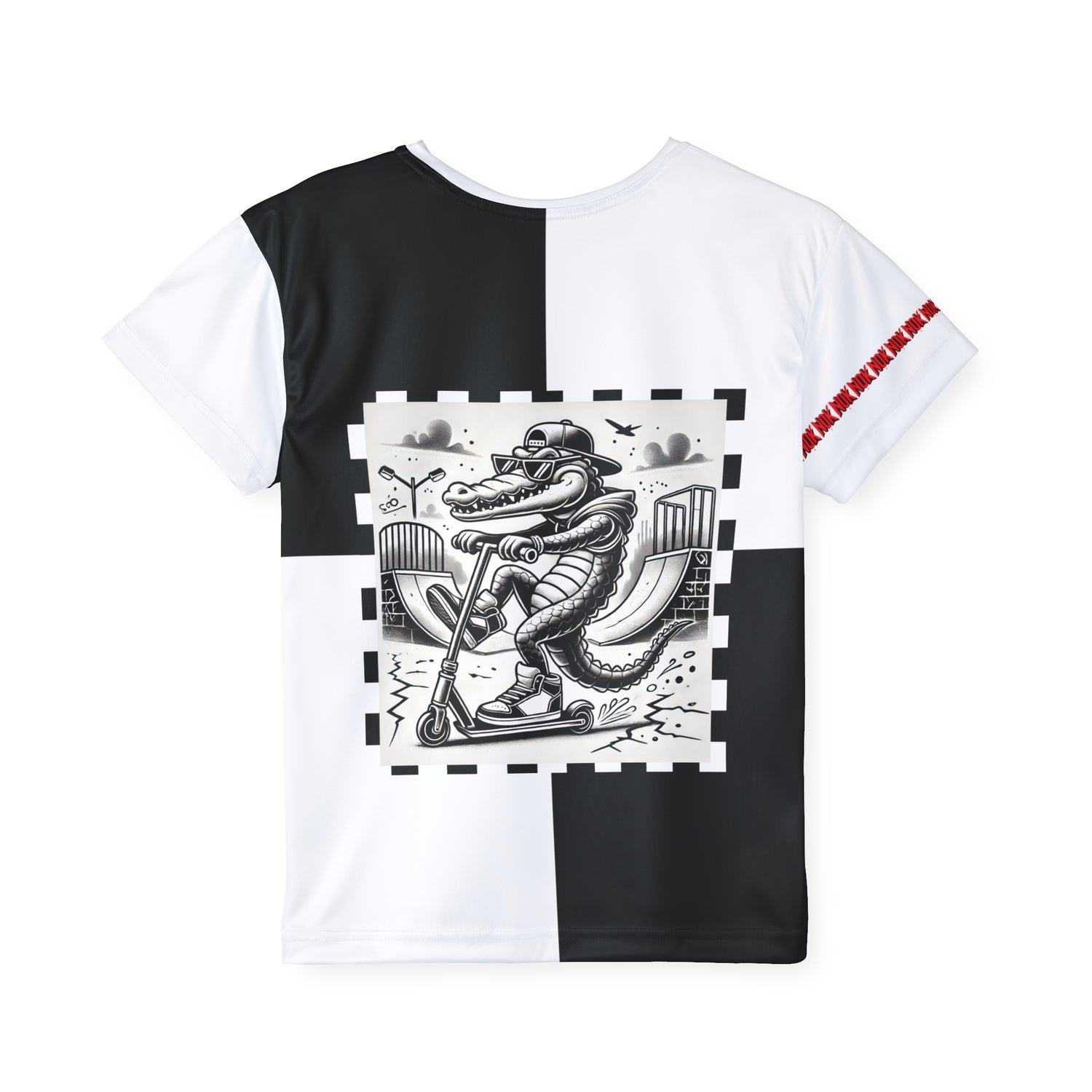 Gator Grind Kids T-Shirt by NOK Style featuring a crocodile on a scooter with urban skatepark design.