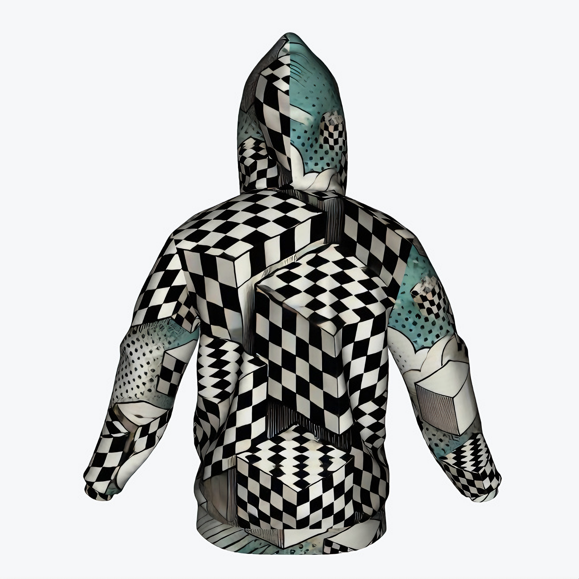 Adult hoodie featuring a geometric illusion design with black and white 3D checkerboard cubes and NOK branding.