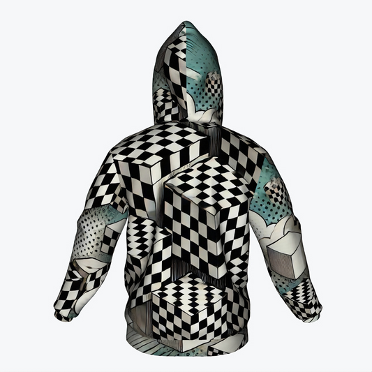 Adult hoodie featuring a geometric illusion design with black and white 3D checkerboard cubes and NOK branding.