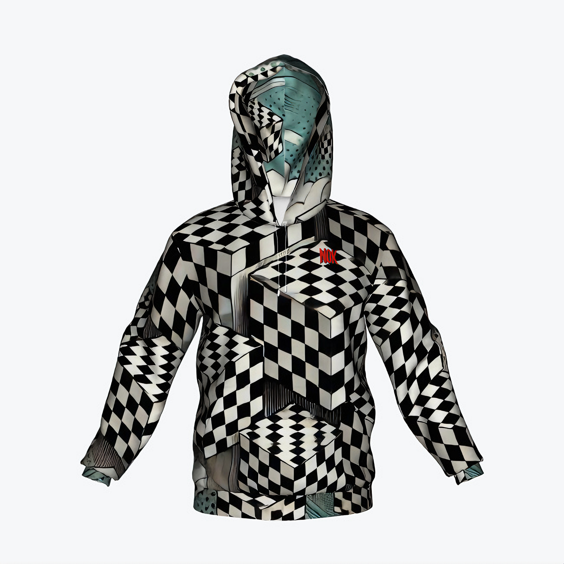 Adult hoodie featuring a geometric illusion design with black and white 3D checkerboard cubes and NOK branding.