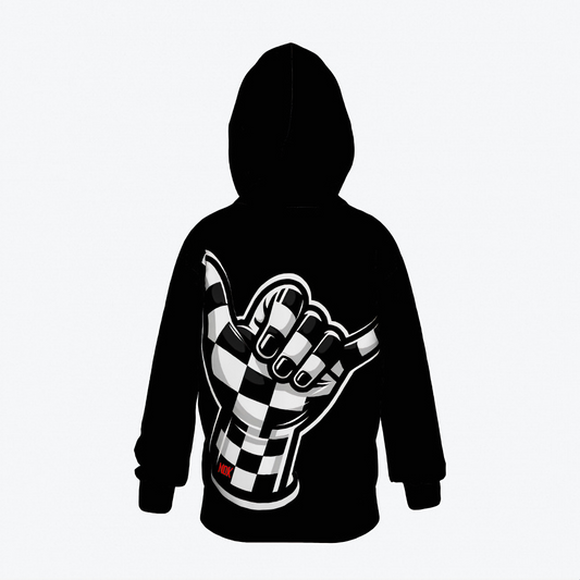 Kids' black hoodie with a large checkerboard shaka hand design on the back, by NOK Style.