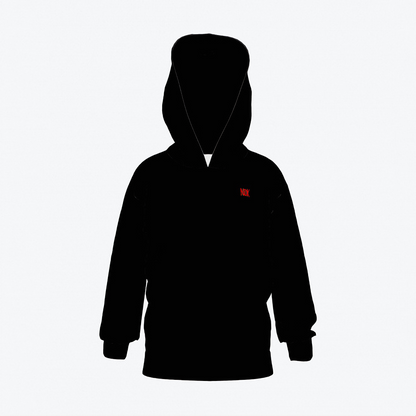 Kids' black hoodie with a large checkerboard shaka hand design on the back, by NOK Style.