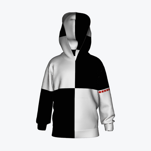 Front view of NOK STYLE Kids Checkered Black & White Block Hoodie featuring a black and white block pattern with NOK branding on the sleeve. Rear view of NOK STYLE Kids Checkered Black & White Block Hoodie displaying the continuous black and white block pattern, emphasizing simplicity and style.