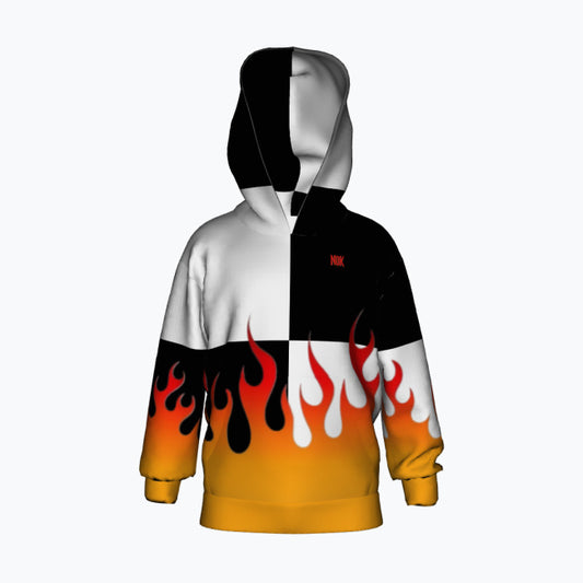 Kids' pullover hoodie featuring a bold flame graphic on the lower half with a black and white checkered design on the upper half.