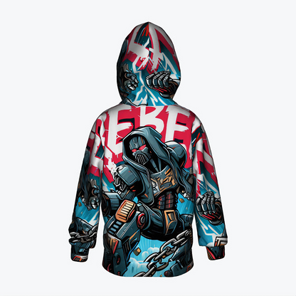 Rebel Robot Hoodie for kids featuring a full-color robotic warrior design, perfect for stylish young trendsetters. Available at NOK STYLE.