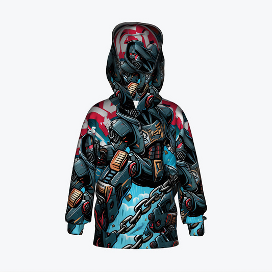 Rebel Robot Hoodie for kids featuring a full-color robotic warrior design, perfect for stylish young trendsetters. Available at NOK STYLE.