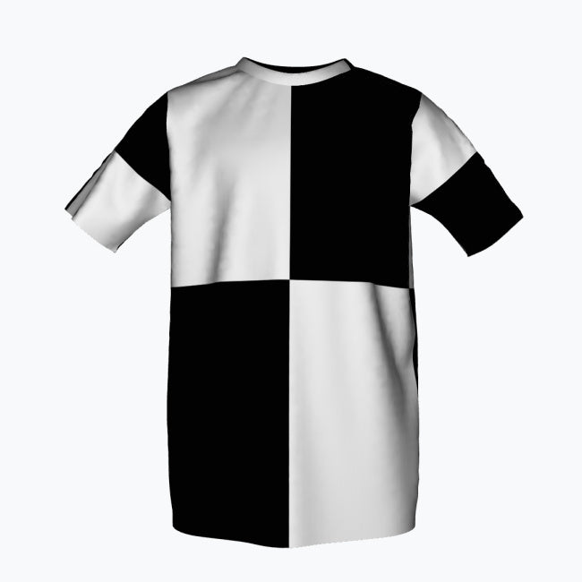 Kids' Rock On graphic t-shirt featuring a bold black and white split design with a checkered pattern and red accent, perfect for edgy kids' streetwear.