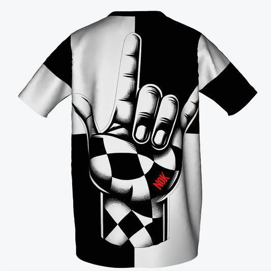 Rock gesture NOK t-shirt featuring a bold black and white checkered hand graphic with red NOK branding, perfect for edgy urban streetwear and modern fashion.