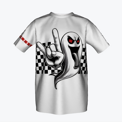 Kids ghost rocker checkered t-shirt featuring a bold rock-on hand graphic with NOK branding, designed for stylish and edgy looks.