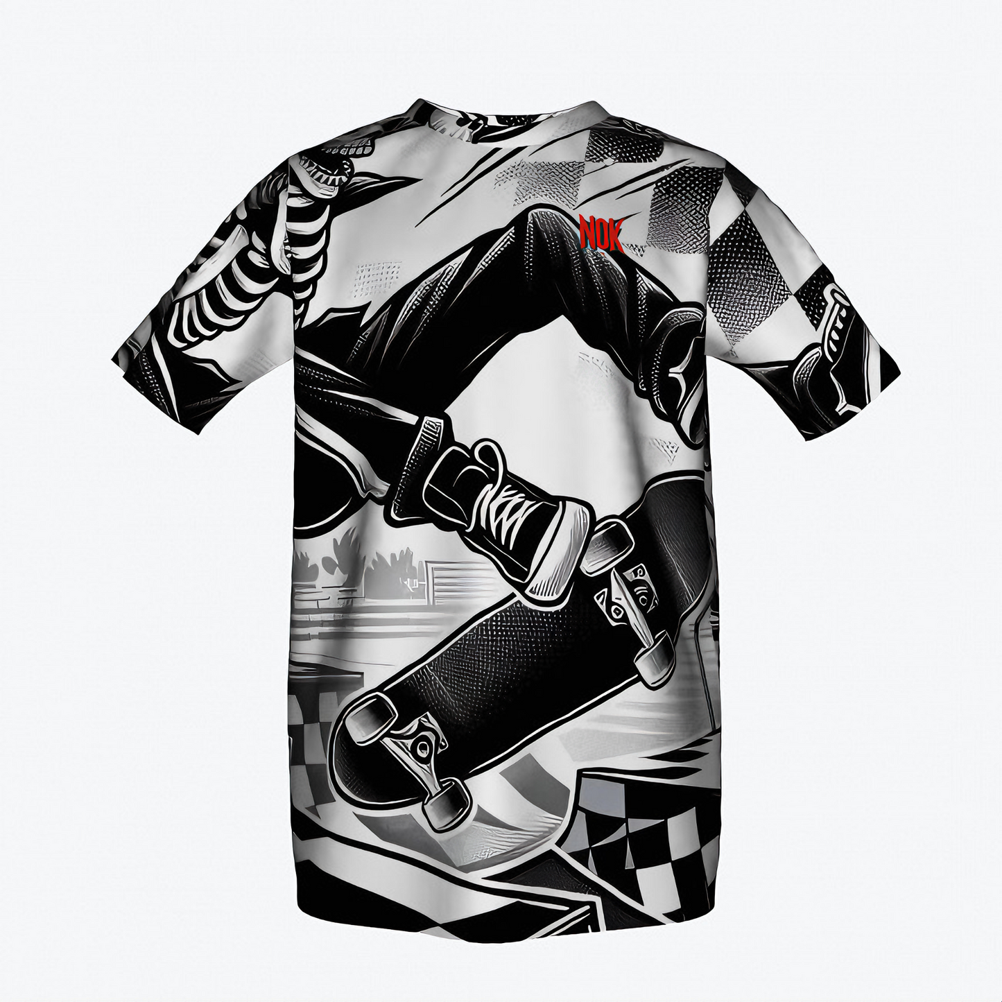 Kids' T-shirt featuring a black and white graphic design of a skeleton rider performing a skateboard flip.