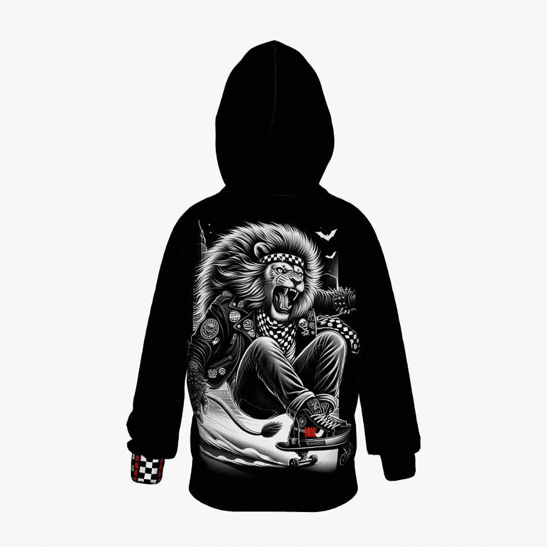 Back view of NOK Style Skateboard Lion Hoodie for Kids, showcasing the intricate lion and skateboard design in black and white.