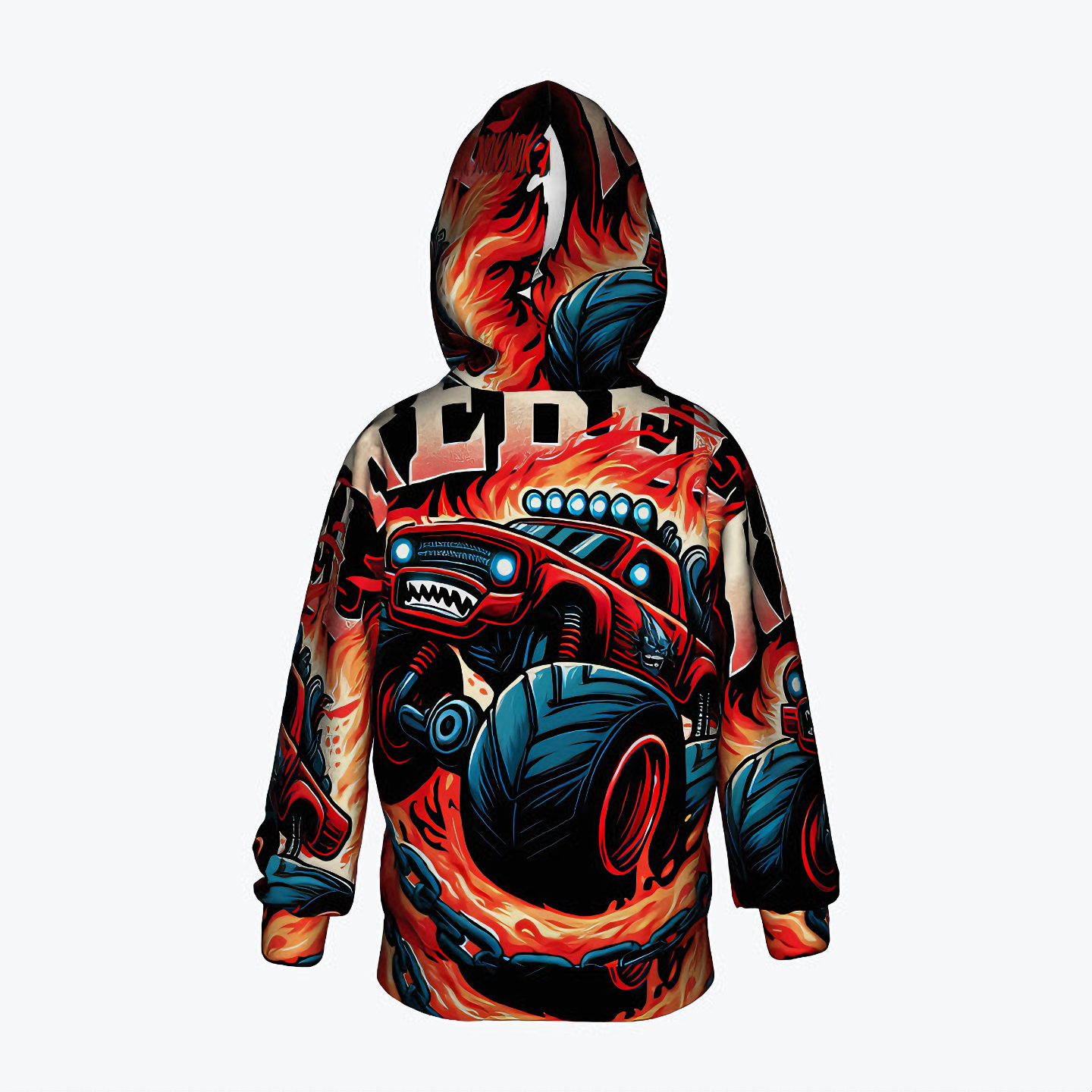 Kids Monster Truck Hoodie featuring a flame-powered truck graphic in vibrant red and orange hues, designed by NOK Style.