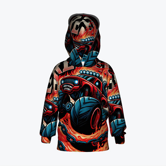 Kids Monster Truck Hoodie featuring a flame-powered truck graphic in vibrant red and orange hues, designed by NOK Style.