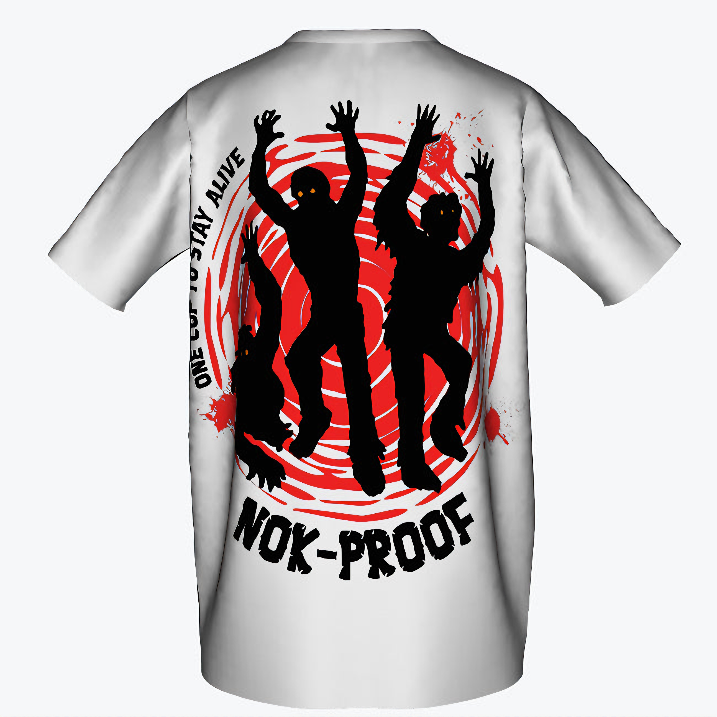 NOK-PROOF Survival Kids T-Shirt by NOK with a bold survivor silhouette and red swirl design.