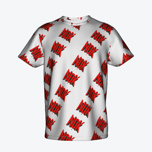 Kids white t-shirt with an all-over red NOK logo print.