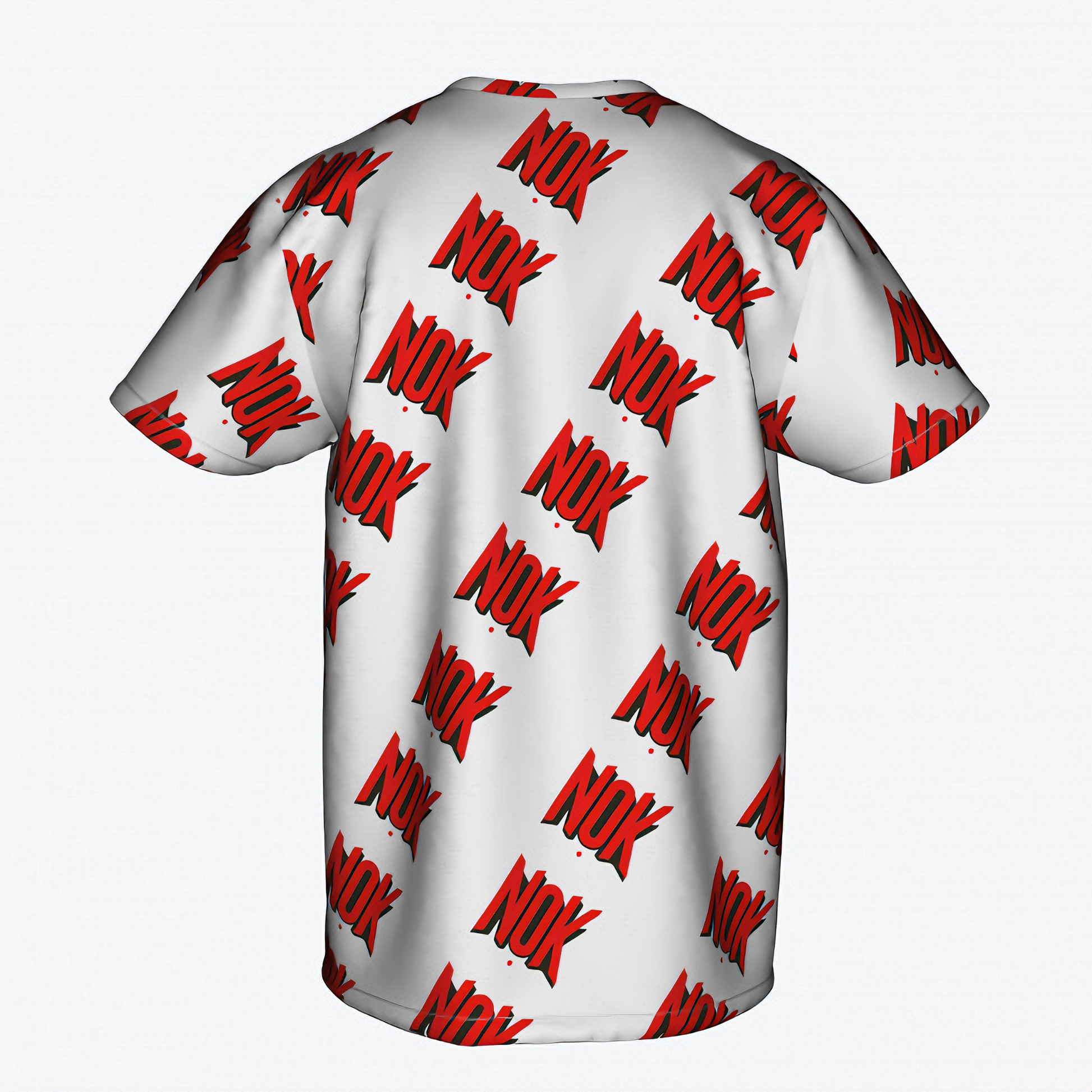 Shop the NOK Style Kids T-Shirt with an all-over red NOK logo print. This white t-shirt is perfect for kids who want to stand out in style. High-quality and comfortable, this tee is a must-have for young trendsetters.