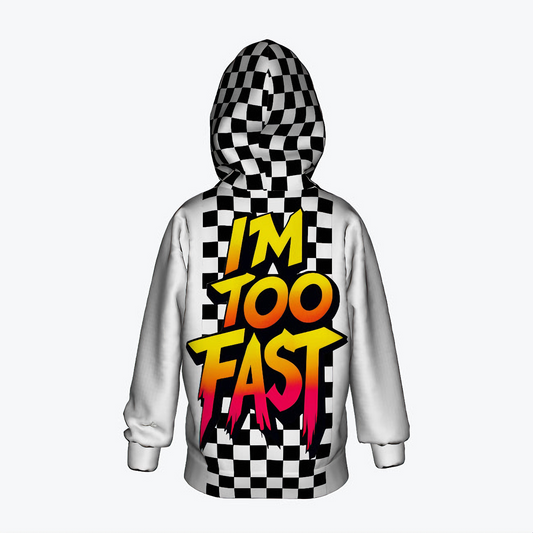 Checkered kids hoodie with 'I'm Too Fast' graphic in vibrant colors, featuring bold NOK branding, perfect for energetic and stylish kids.