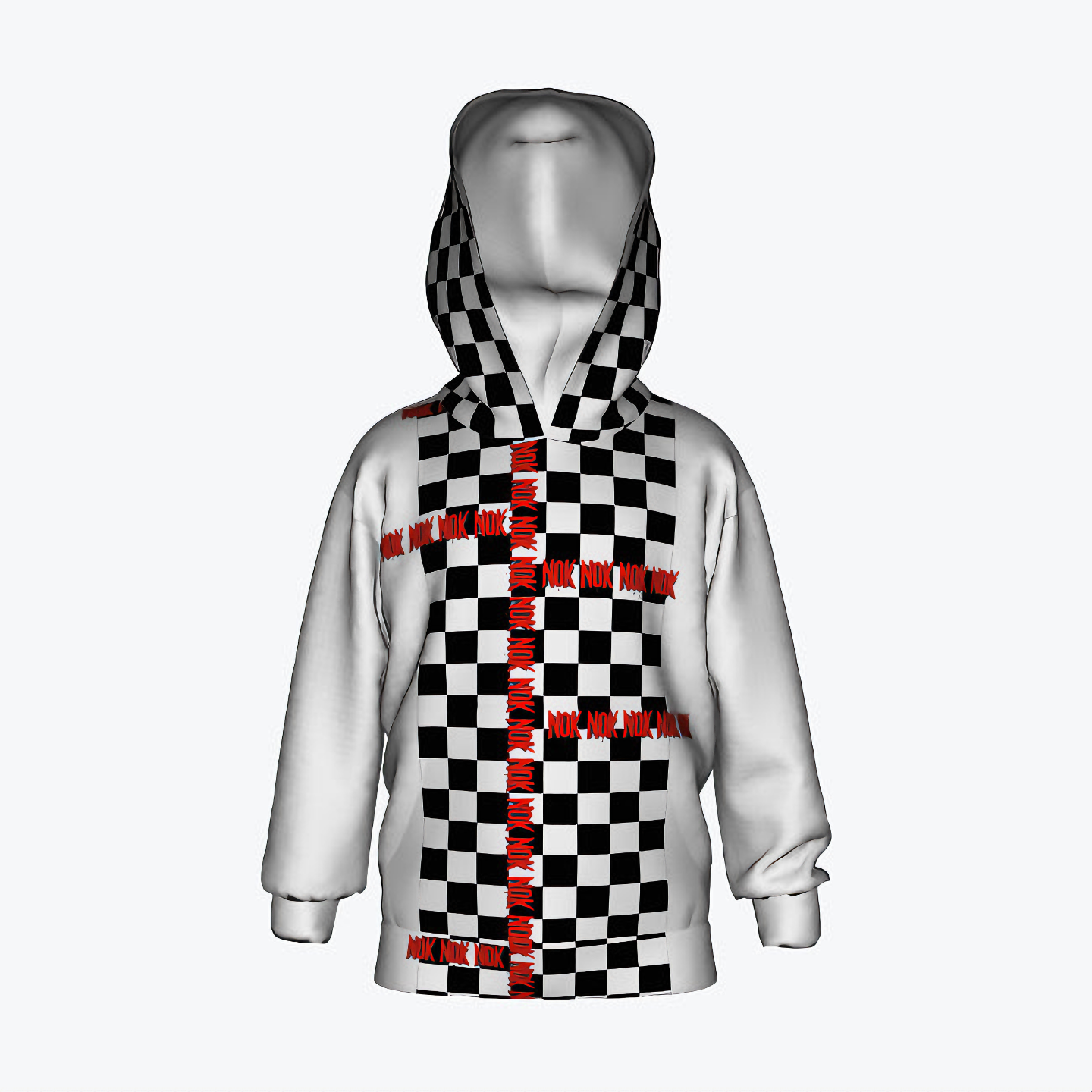 Checkered kids hoodie with 'I'm Too Fast' graphic in vibrant colors, featuring bold NOK branding, perfect for energetic and stylish kids.