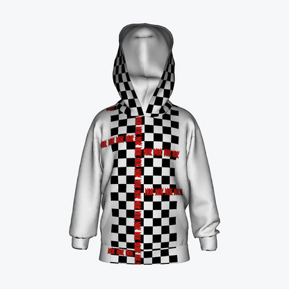 Checkered kids hoodie with 'I'm Too Fast' graphic in vibrant colors, featuring bold NOK branding, perfect for energetic and stylish kids.