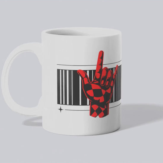 Front view of the 'Love Loud, Live Bold' coffee mug featuring a bold design with red checkered hand and empowering text.