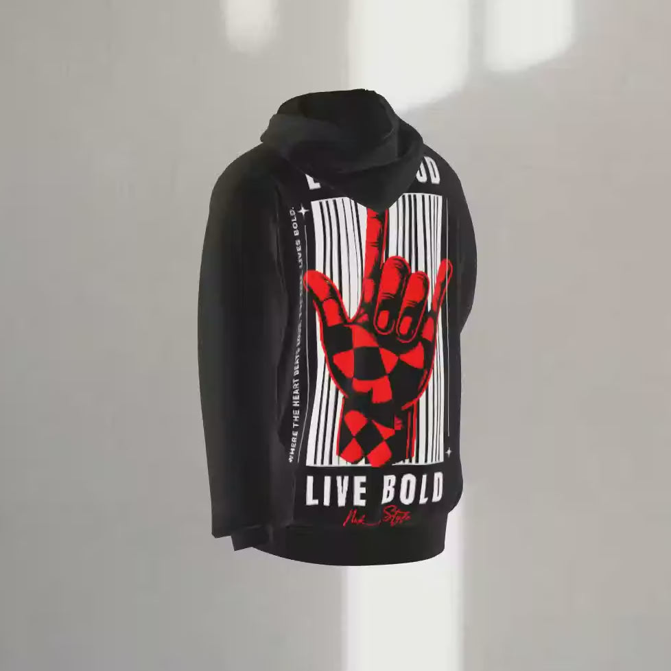 Backside of Love Loud, Live Bold hoodie with a bold red hand graphic and side text "Where the heart beats loud, the soul lives bold."