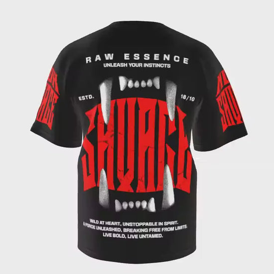 Savage graphic with fangs and bold red lettering on the back of the NOK Savage T-shirt, symbolizing wild energy and strength.