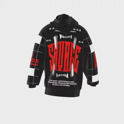 Back view of NOK Savage hoodie featuring a striking red "Savage" design with fang graphics and motivational message.