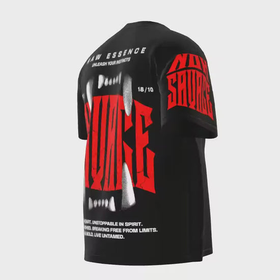 Savage graphic with fangs and bold red lettering on the back of the NOK Savage T-shirt, symbolizing wild energy and strength.