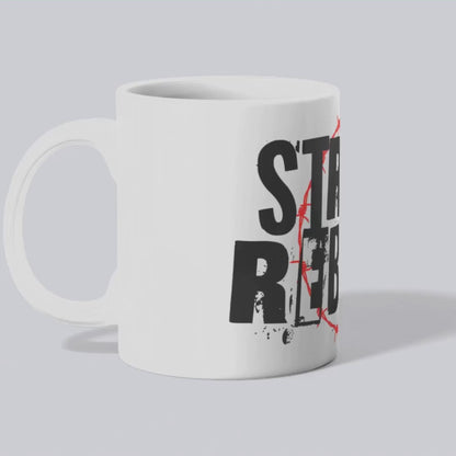 Coffee mug with Street Rebelz logo and barbed-wire circle design