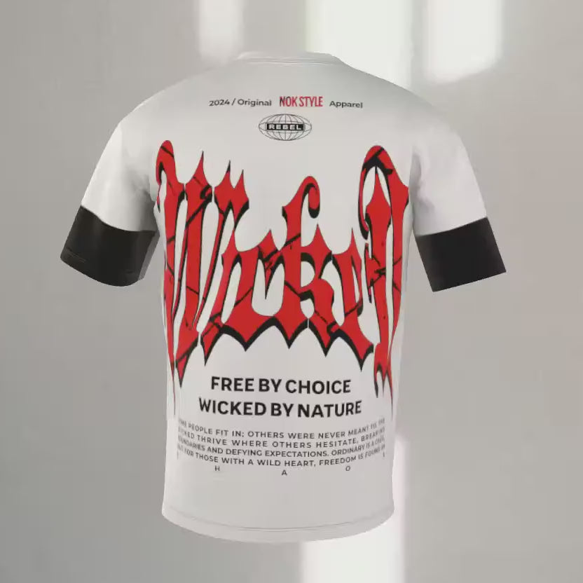 NOK Style adult t-shirt with red "Wicked by Nature, Free by Choice" design