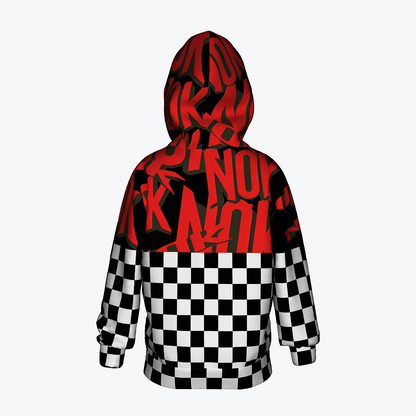 Kids' NOK STYLE hoodie featuring a bold checkered pattern and striking red NOK graphics, perfect for making a statement in urban fashion.