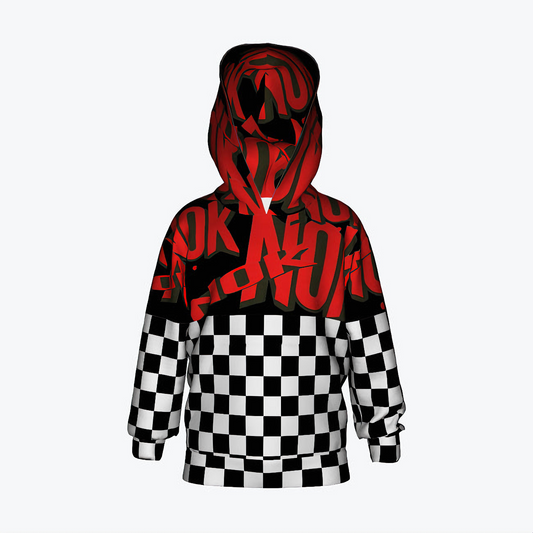 Kids' NOK STYLE hoodie featuring a bold checkered pattern and striking red NOK graphics, perfect for making a statement in urban fashion.