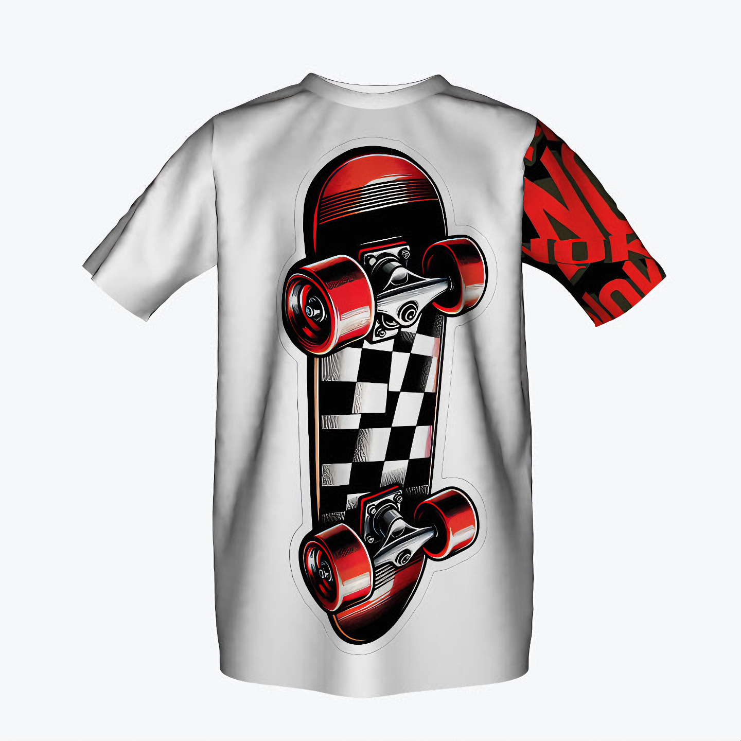 NOK STYLE Skateboard Graphic Tee for kids featuring a bold black and white split design with a checkered skateboard graphic and red NOK branding on the sleeve. Perfect for young skaters and fans of unique streetwear.