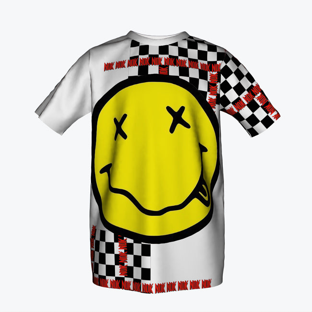 NOK Style Smiley Kids T-Shirt with bold yellow smiley face, NOK red branding, and black-and-white checkered patterns, perfect for trendy, fashion-forward children.