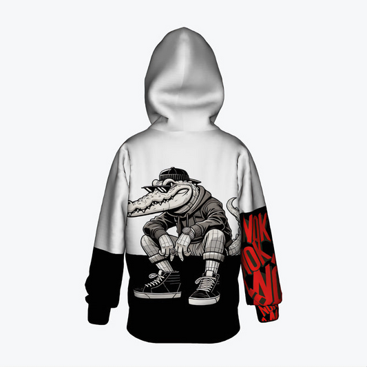 Urban Crocodile Graphic Hoodie with black and white design featuring a crocodile character on the back and red print on the sleeve.