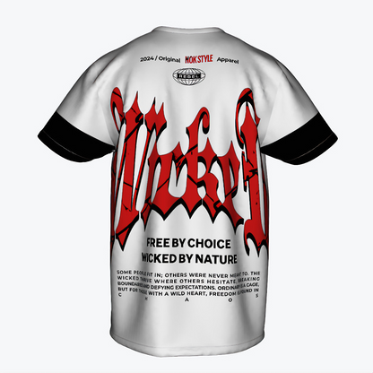 NOK Style adult t-shirt with red "Wicked by Nature, Free by Choice" design