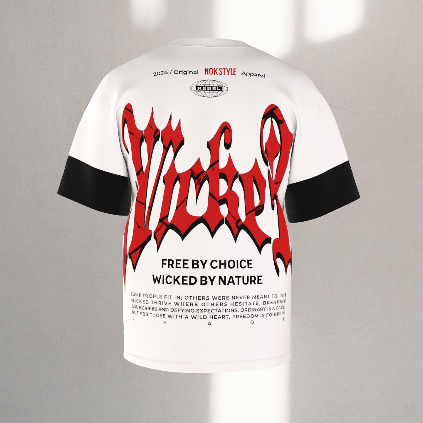 NOK Style adult t-shirt with red "Wicked by Nature, Free by Choice" design