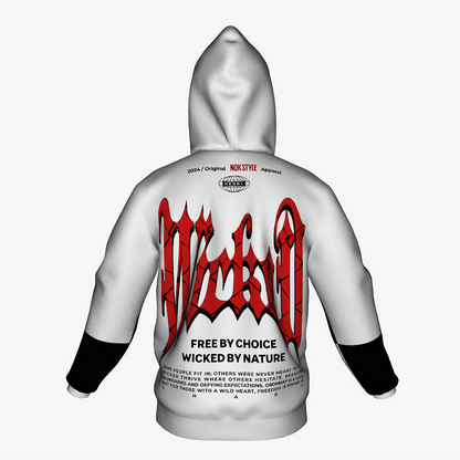 NOK Style hoodie with bold "Wicked by Nature, Free by Choice" graffiti design in red and black